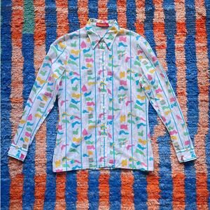 Vintage 70's CACHAREL Colorful Flag Button Up Shirt France Size 44 XS